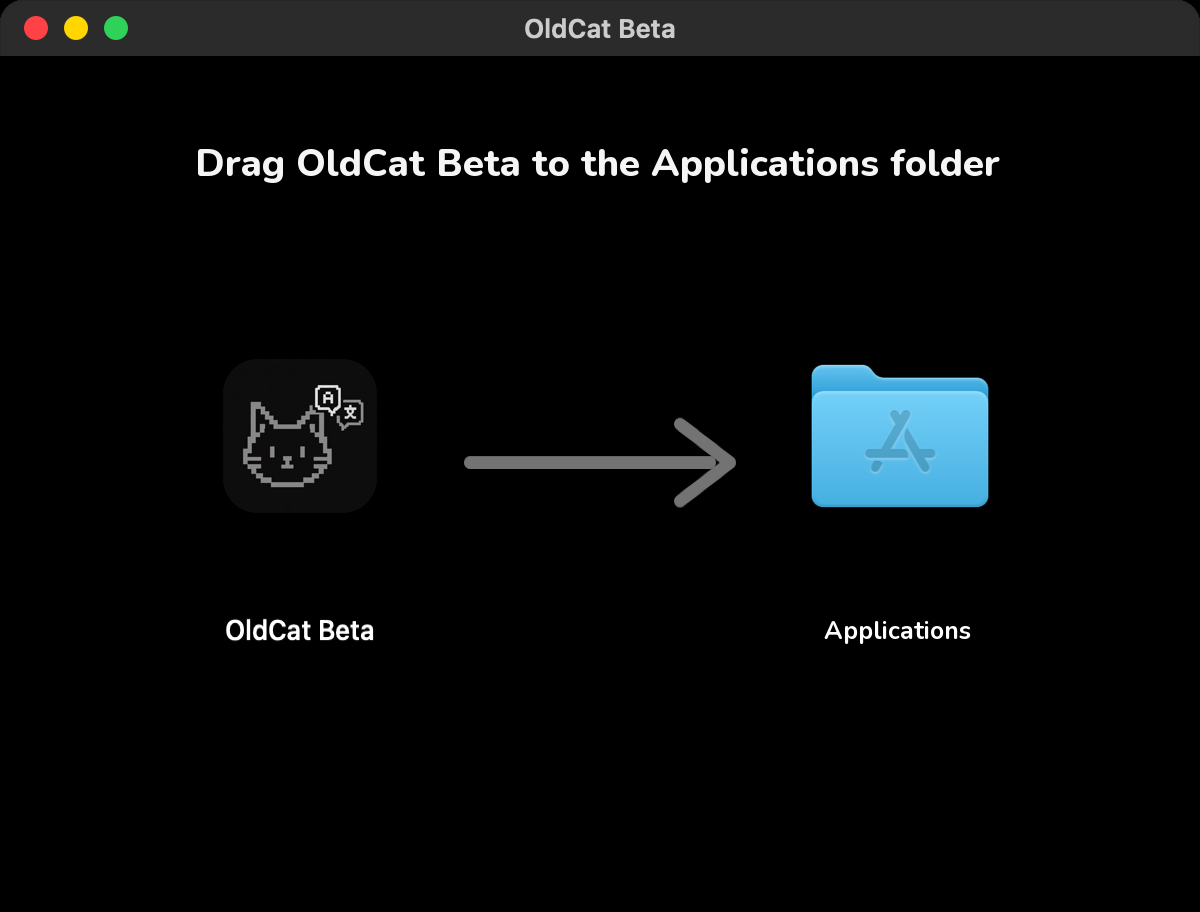 The installer window: the OldCat Beta icon on the left, the Applications folder on the right