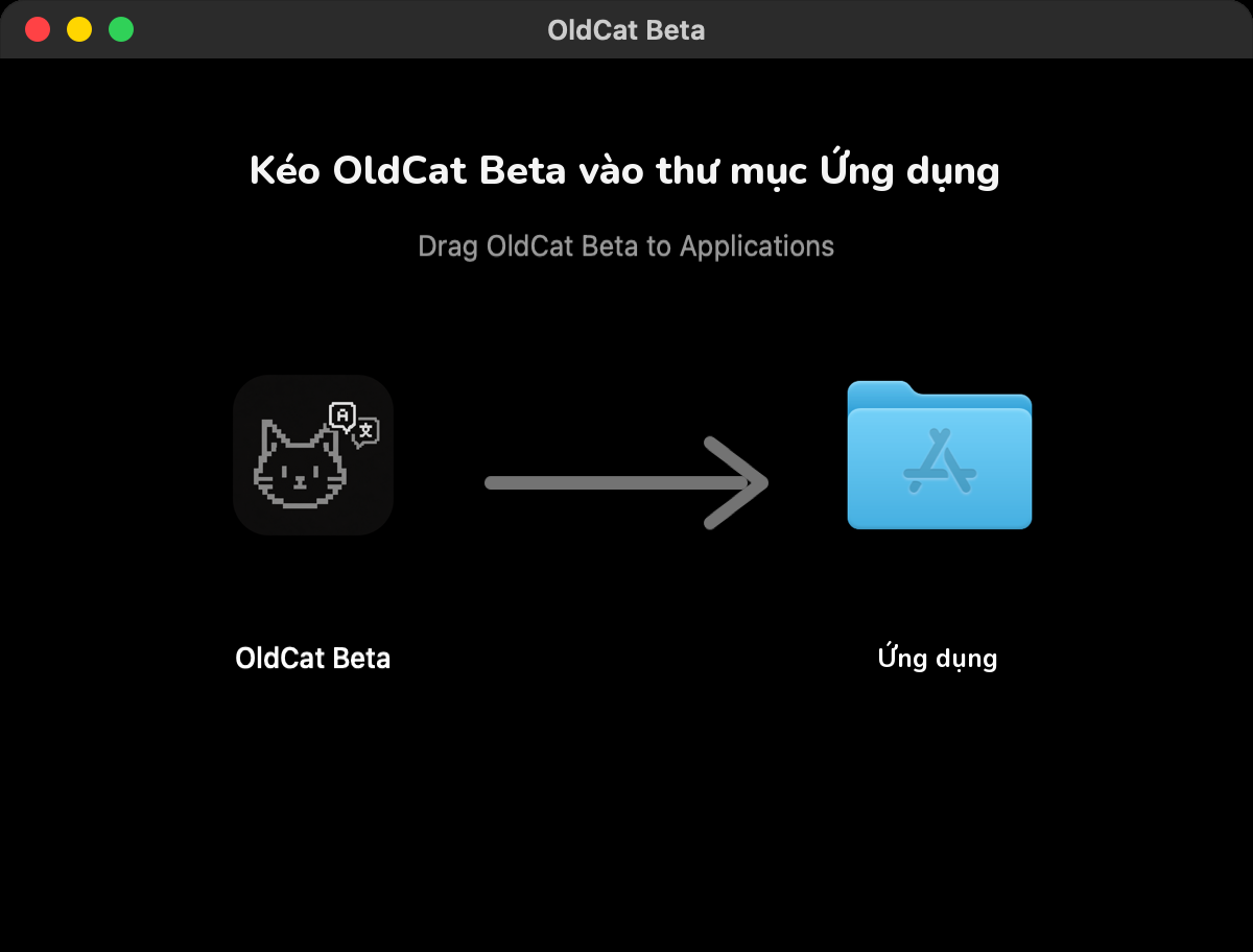 Cửa sổ cài đặt: bên trái là biểu tượng OldCat Beta, bên phải là thư mục Ứng dụng